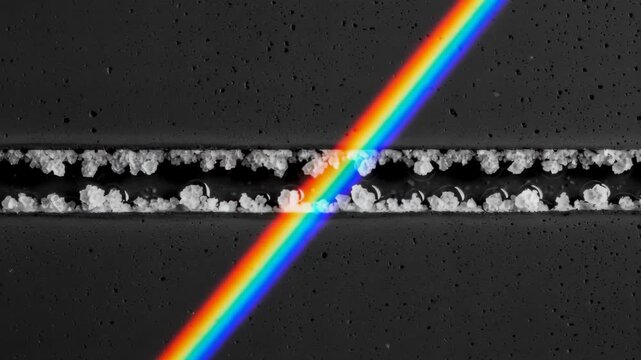 Crystallization Salt Line on Dark Micro-cement with Prism Rainbow &ndash; Abstract Macro Slow Motion Background