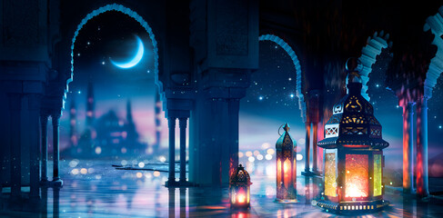 Ramadan Kareem - Arabic Lanterns With Crescent Moon - Defocused Mosque At Night With Magic Glittering In The Air And Bokeh Lights