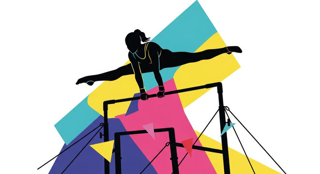 Gymnast performing exercise on uneven bars with vibrant background colors. Stunning gymnast displays skill on uneven bars surrounded by bright artistic shapes and colors.
