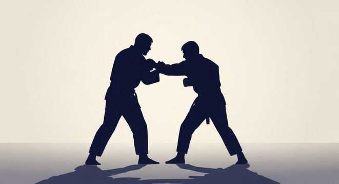 Simplified silhouette of two sambo practitioners in a dynamic pose engaging in combat. Sambo practitioners showcase martial arts techniques with focused expressions while performing grappling.
