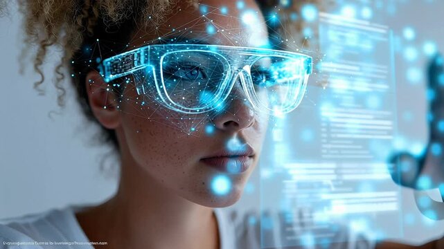 woman working with virtual computer, futuristic background