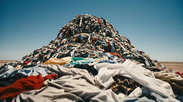 massive pile of discarded clothing waste depicting environmental pollution and textile disposal issues in a desert landscape setting