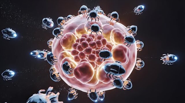 Microscopic View of Nanobots Attacking a Diseased Cell in a Dark Biological Environment