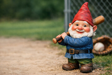 Obraz premium Garden gnome with a baseball bat on the field. Space for text.