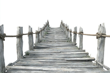 Fototapeta premium Old broken wooden rope bridge on a white background. Space for text.