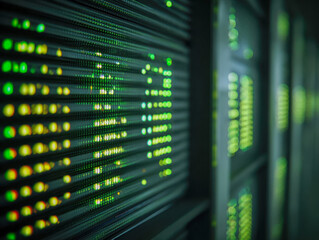 Fototapeta premium Detailed view of illuminated green digital data display panels in a dark environment conveying technology and information processing concepts
