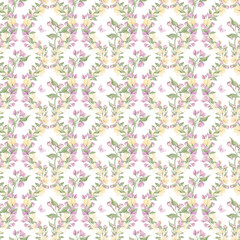 Spring seamless pattern, watercolor. Texture. Small spring flowers. Blooming. Summer. Pink, blue. Home textile, tablecloth. Print for fabric. Floral pattern.Еlegance to stationery, fabric, and digital