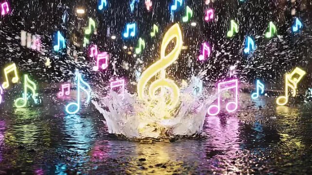 Vibrant neon music notes fall from sky on rainy city street at night