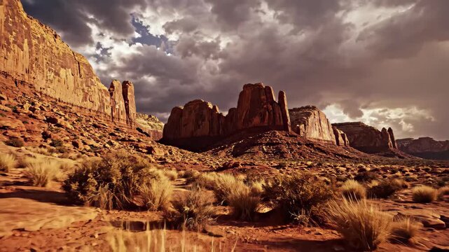 Dramatic desert landscape with towering red rock formations, dry grass in the foreground, and a stormy sky