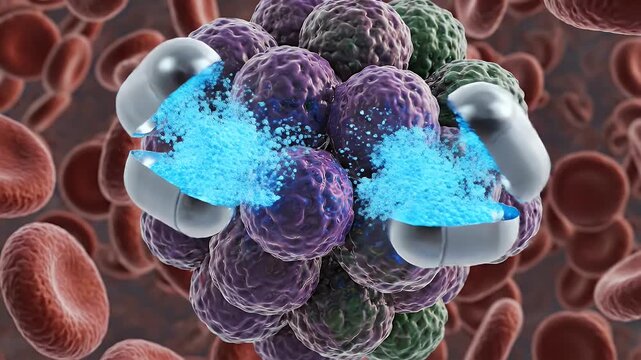 Microscopic view of Nanobots targeting and breaking down a dangerous blood clot surrounded by red blood cells for medical research and scientific