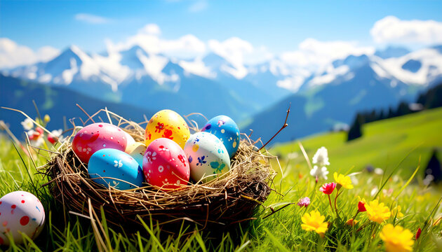 Osternest mit bunten Ostereiern in alpiner Bergwiese und Fr&uuml;hlingssonne