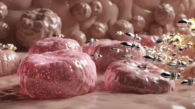 Microscopic view of nanoparticle drug delivery system interacting with biological cells and tissues in a medical research laboratory with soft
