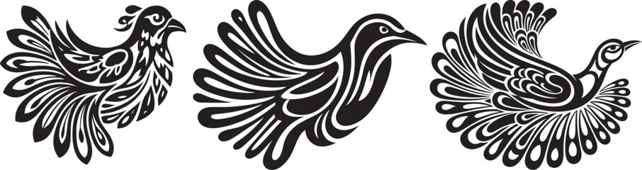 Stylized Black Vector Illustrations of Decorative Birds with Flowing Feathers