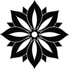 A black and white floral mandala design with symmetrical petal like shapes