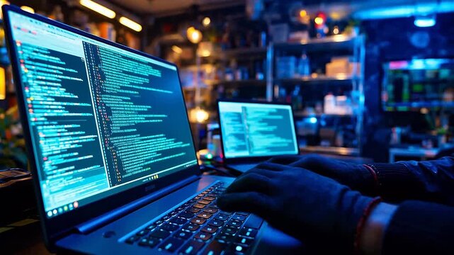 Person typing code on laptop in dim room