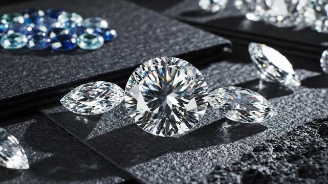 Assortment of brilliant cut diamonds and blue sapphires on dark textured surface
