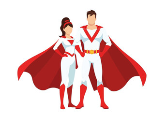 A male and female superhero duo stand confidently both wearing red capes and white suits © arfanah02