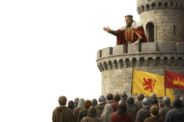 Fototapeta premium The medieval king addresses the people from the tower of the castle. Space for text.