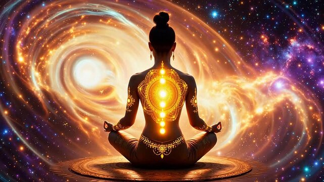 Person meditating in cosmic setting