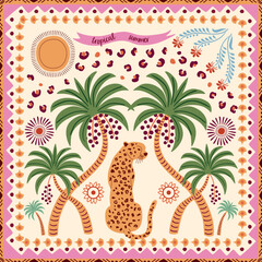 Tropical tile with palm tree and leopard. Summer scarf design, square seamless pattern. Hand drawn ethnic geometric ornament jungle elements, animal skin spots, sun. Vector background, textile design. © Tani Kuzminka