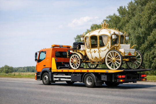 A tow truck pulls a luxurious royal carriage along the highway.