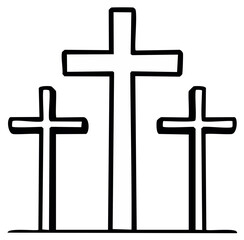 Three iconic crosses in a minimalist outline style symbolizing Christian faith
