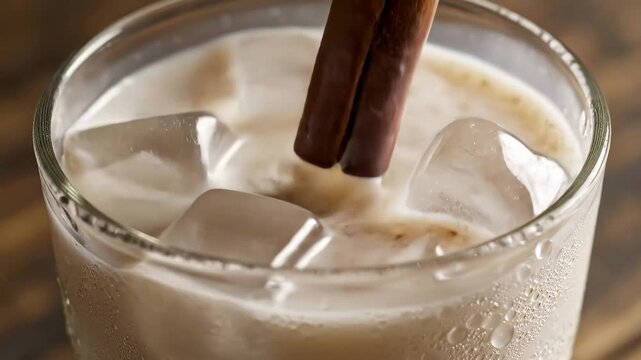 Refreshing iced horchata drink with cinnamon stick 4K Video