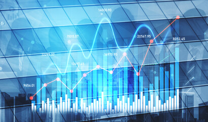 Modern digital representation of financial data shows rising trends and charts, symbolizing...