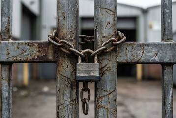 Rusty metal gate with a heavy padlock secured by a chain, leading to an industrial area with blurred buildings in the background