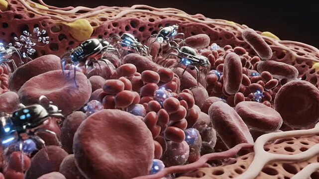 Nanobots Circulating Through Bloodstream Targeting Red Blood Cells and Clots Scientific Medical Animation with Microscopic Detail