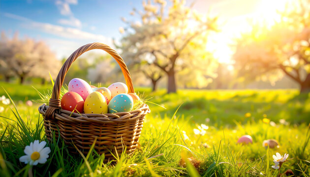 Korb voller bunter Ostereier im sonnigen Obstgarten auf gr&uuml;nem Gras, Osterstimmung im Fr&uuml;hling