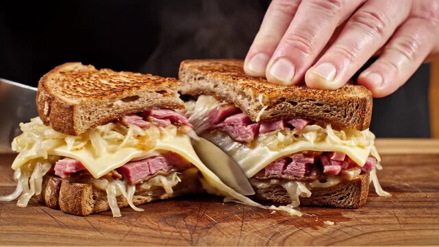 Reuben Sandwich Sliced In Half On Cutting Board 4K Video