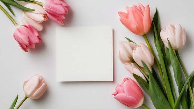 A bouquet of pink and white tulips surrounding a blank white card on a plain background