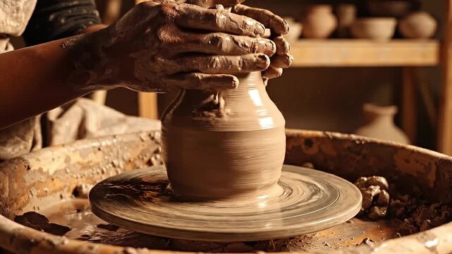 Potter skillfully shaping clay on spinning wheel in studio
