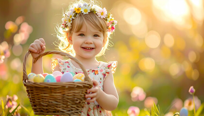 Lachendes blondes Kleinkind mit Blumenkranz und Korb voller Ostereier im Garten