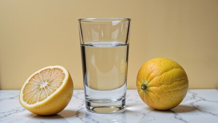 Fresh lemonade ingredients with glass of water and lemon halves  