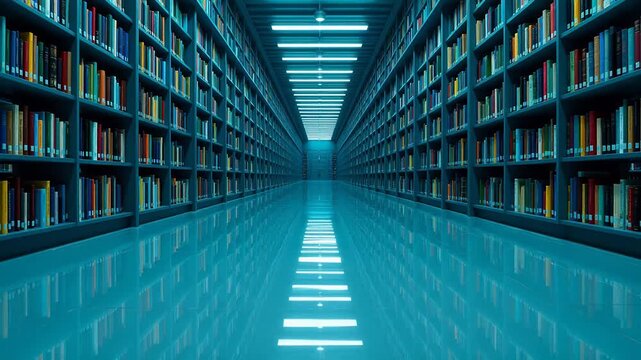 Long library corridor with bookshelves