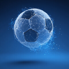 Fototapeta premium Flying soccer ball. A polygonal construction of interconnected lines and points. Blue background.