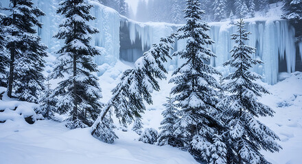 Obraz premium Snowy evergreen trees in frozen landscape with icy waterfall background