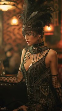 Elegant flapper woman in feather headpiece and vintage dress at luxury party, glamorous 1920s fashion and nightlife concept portrait