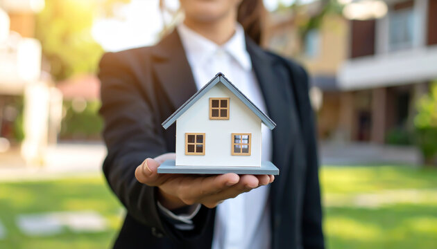 Immobilienmaklerin h&auml;lt Hausmodell in den H&auml;nden, Konzept f&uuml;r Hauskauf und Immobilienverkauf