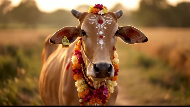 Sacred Indian Cow Adorned With Flowers and Traditional Markings Stands in a Sunlit Field During Golden Hour
