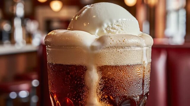 Root Beer Float Overflowing with Foam in Diner 4K Video