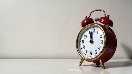 Vintage red alarm clock on white background with shadows  