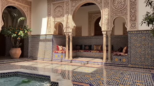 Moroccan Riad Courtyard with Intricate Tilework and Flowing Water