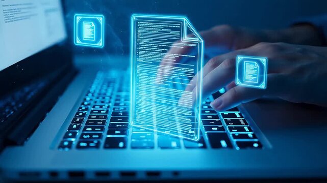 Hand typing on laptop with digital documents