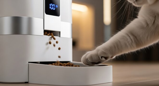 cat using automatic feeder to get food with soft lighting and modern kitchen setting