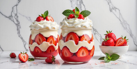 Two strawberry desserts layered with cream and garnished with mint  