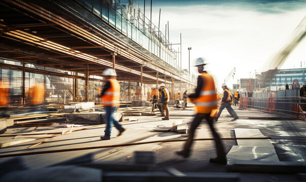 A busy construction site with many builders working. Long exposure motion blur