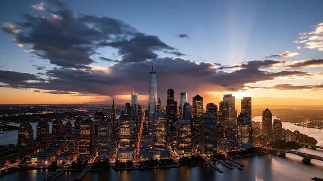Majestic new york city skyline at dusk with illuminated skyscrapers and stunning sunset views over the water